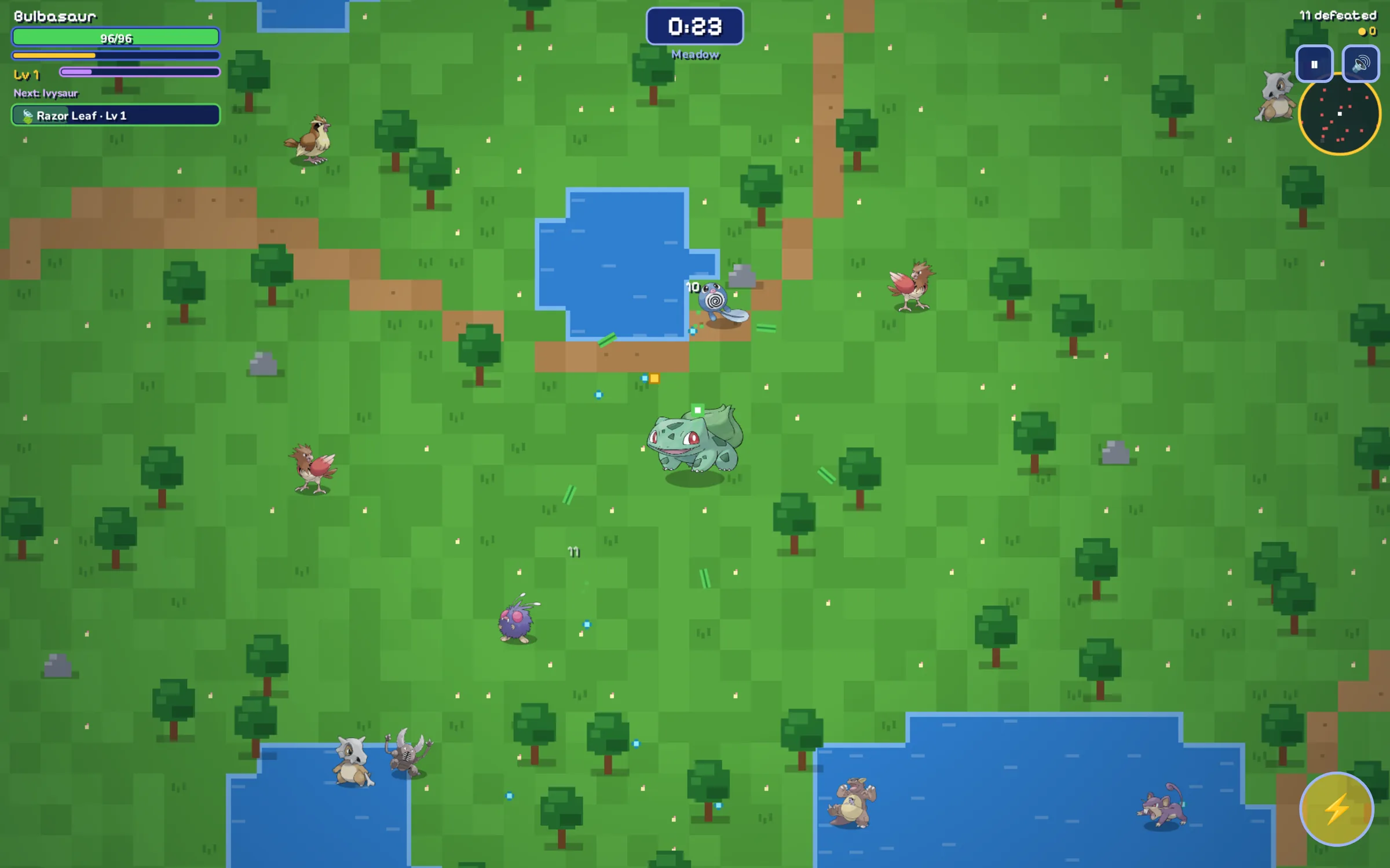 PokeSurvival gameplay: a Bulbasaur in a meadow with ponds and trees while wild Pokémon close in.